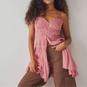 Free People Lausanne Pink Smocked Mini Slip Dress